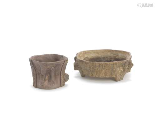 An Yixing tree trunk-form vessel; together with an yixing washer Qing Dynasty (3)