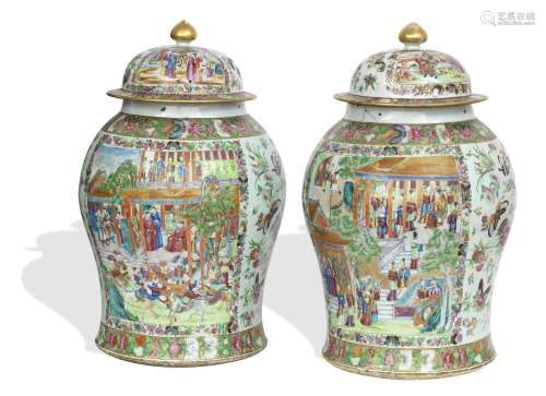 A pair of large famille rose Canton export temple jars with covers 19th century