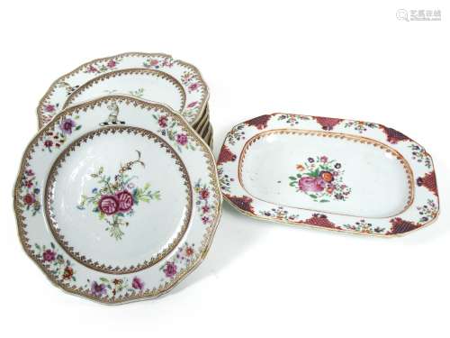 A set of eight famille rose export plates with the Crabbe family crest and one rectangular tureen...