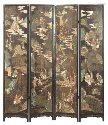 A four-leaf coromandel lacquer screen; 19th/ early 20th century