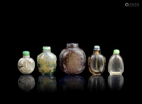 A group of five agate and rock crystal snuff bottles 19th century (9)