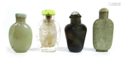 A jade snuff bottle and three other mineral bottles, all with stoppers (8)