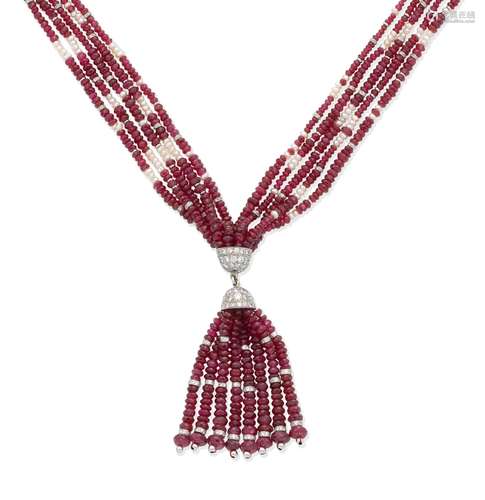 A ruby, seed pearl and diamond tassel necklace