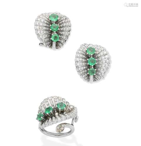 An emerald and diamond ring and earring suite, (2)