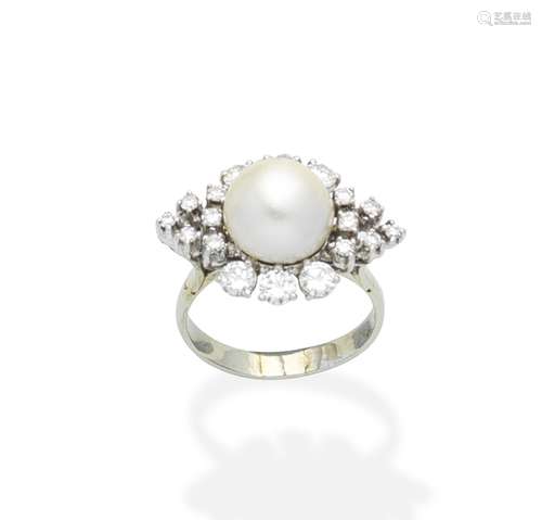 A cultured pearl and diamond ring