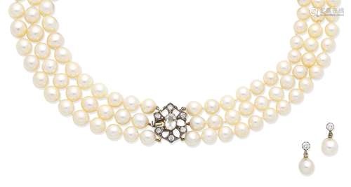 A cultured pearl necklace with an aquamarine and diamond clasp and a pair of cultured pearl and d...