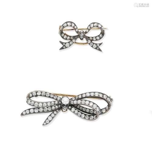 Two late 19th century diamond bow brooches (2)