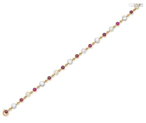 An early 20th century pearl, ruby and diamond bracelet, French