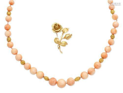 A coral bead necklace, and a rose brooch (2)