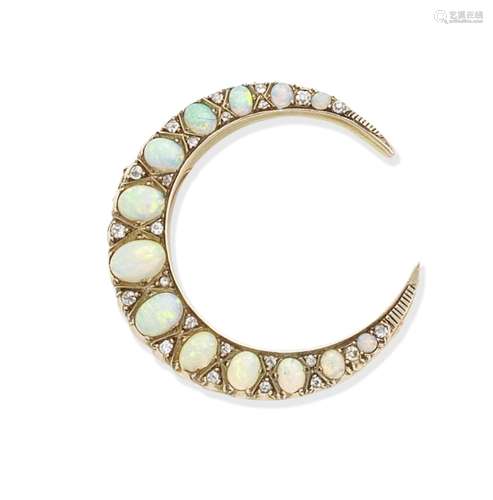 An opal and diamond crescent brooch,