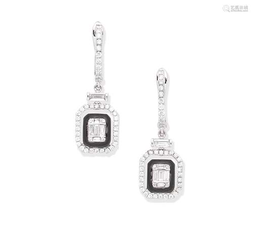 A pair of enamel and diamond earrings