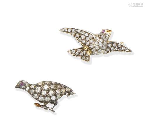 Two diamond bird brooches, (2)