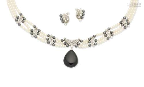 A cultured pearl, hematite, onyx and diamond necklace, and a pair of cultured pearl, hematite and...