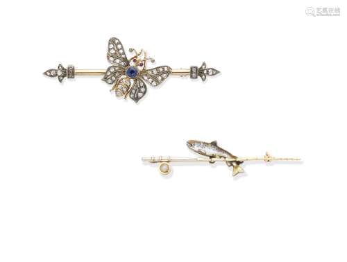 A gem-set butterfly brooch, circa 1895, and an early 20th century enamel and pearl novelty bar br...