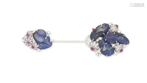 An Art Deco sapphire, diamond and ruby jabot pin,