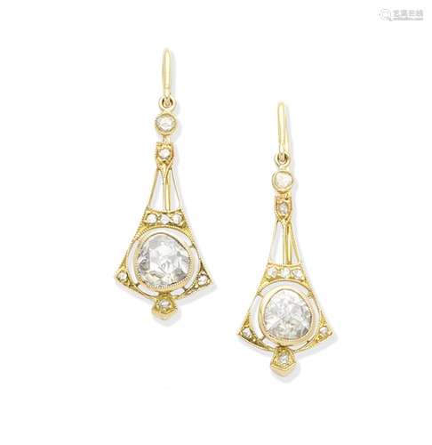 A pair of diamond pendent earrings