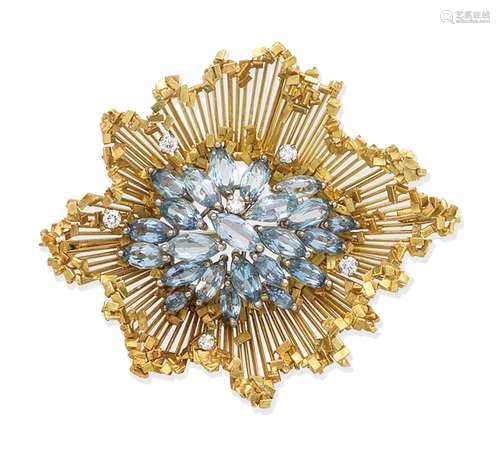 An aquamarine, diamond and gold brooch, by Frances Margaret Beck,