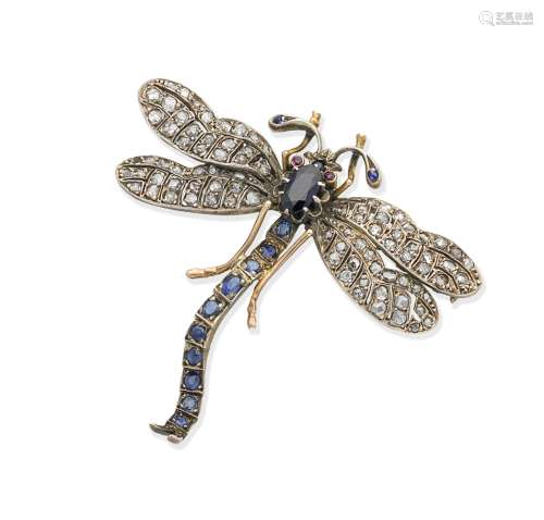 A sapphire and diamond dragonfly brooch,