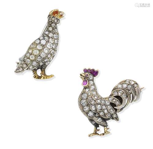 Two diamond bird brooches, (2)