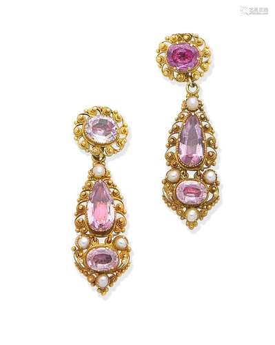 A pair of gold cannetille pink topaz earrings, circa 1830