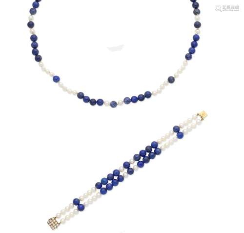 A lapis lazuli and cultured pearl necklace and bracelet (2)