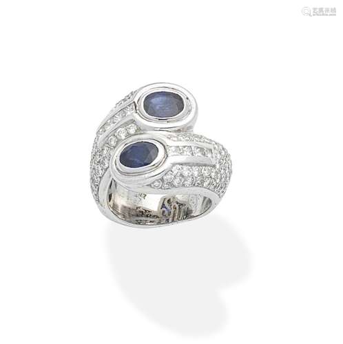 A sapphire and diamond crossover ring