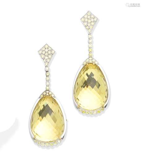 A pair of citrine and coloured diamond pendent earrings, by Geoffrey Rowlandson,