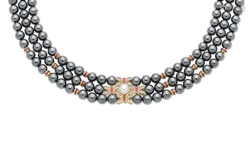 A cultured pearl, ruby, diamond and hematite bead necklace