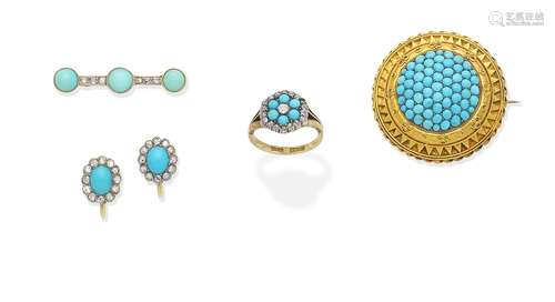 A collection of 19th century turquoise and diamond jewellery and a turquoise and diamond ring and...