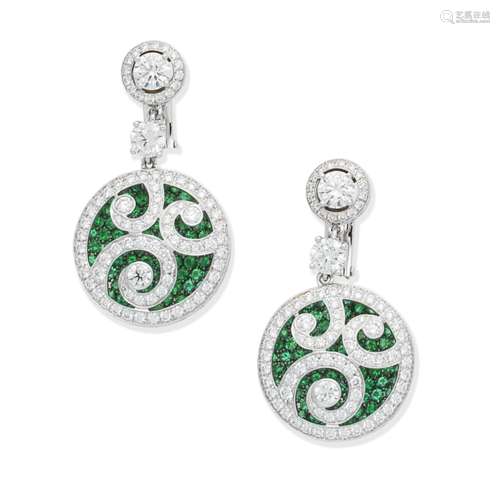 A pair of emerald and diamond pendent earrings, by Graff
