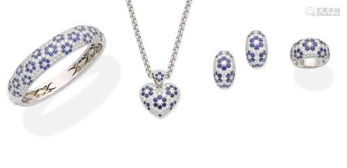 A sapphire and diamond bangle, pendant, ring and earring suite (4)