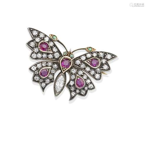 A ruby, emerald and diamond butterfly brooch,