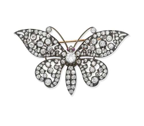 A diamond and ruby butterfly brooch, circa 1880