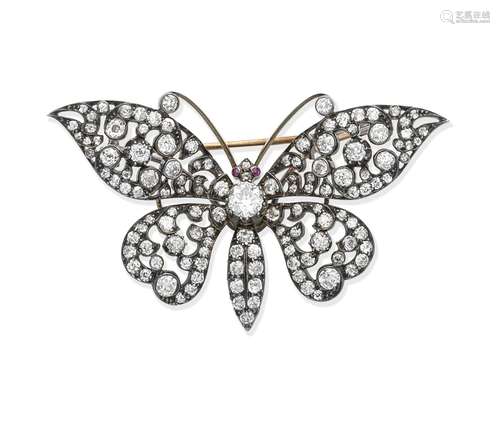 A diamond and ruby butterfly brooch, circa 1880