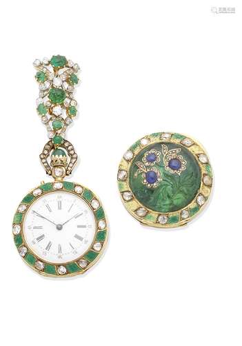 An enamel, emerald and diamond fob watch and an emerald and diamond brooch (2)