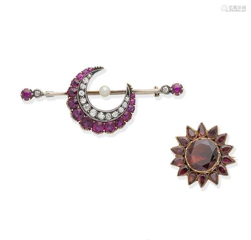 A 19th century garnet flower brooch, and a late 19th century ruby, diamond and pearl crescent bro...