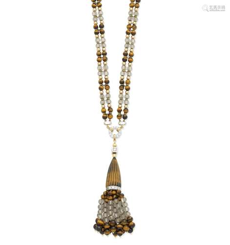 A tiger's eye, rock crystal and diamond tassel necklace