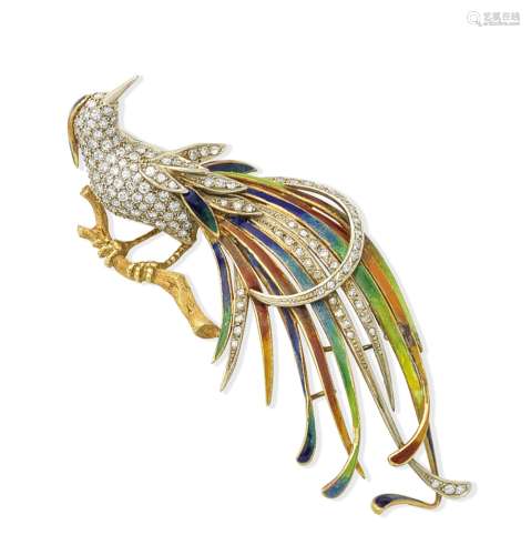 A mid 20th century enamel and diamond bird of paradise brooch