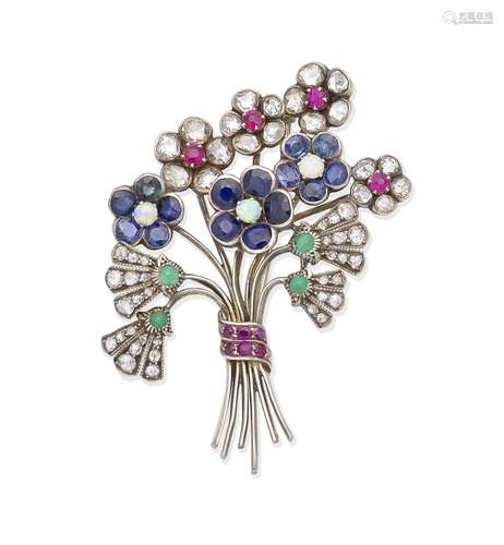 A mid 20th century gem-set spray brooch