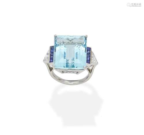 An aquamarine, sapphire and diamond dress ring