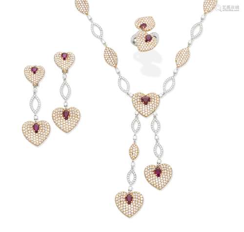 A ruby and diamond pendant necklace, ring and earring suite, by Avakian (3)