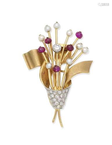 A ruby, cultured pearl and diamond brooch,