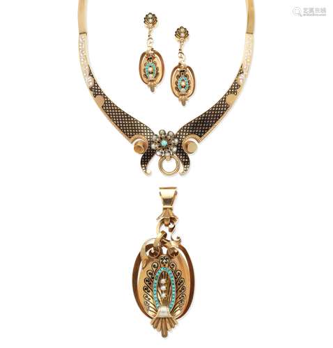 A gold, enamel, turquoise and seed pearl necklace, pendant and pendent earring suite, (3)