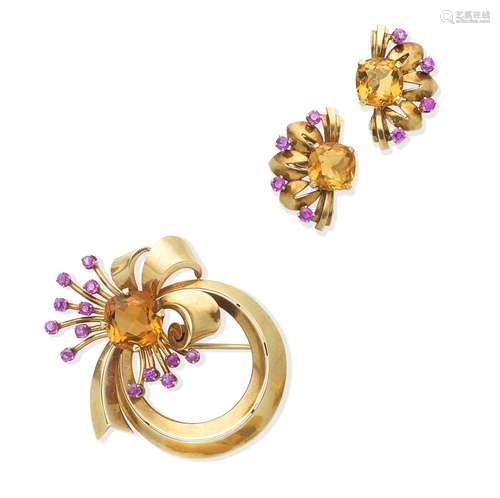 A ruby and citrine brooch and earclip suite, by Tiffany, (2)