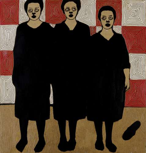 Ephrem Solomon (Ethiopian, born 1983) Untitled 2013 (three women with red/white background)