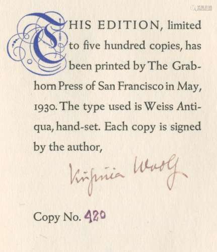 WOOLF (VIRGINIA) Street Haunting, FIRST EDITION, NUMBER 420 OF 500 COPIES, SIGNED and numbered by...