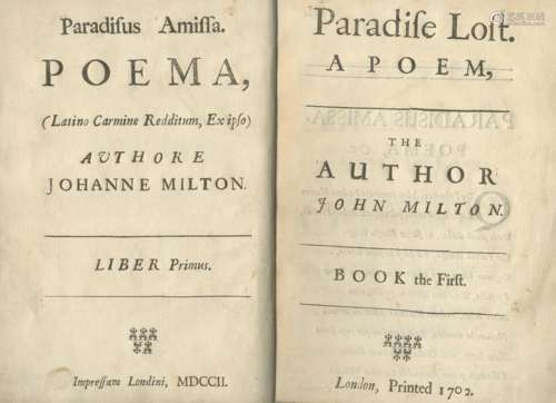 MILTON (JOHN) Paradisus amissa. Poema... Liber Primus [Paradise Lost. A Poem... Book the First], ...