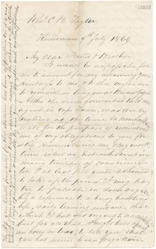 MOFFAT (ROBERT) Autograph letter signed ('Robert Moffat'), to the Rev C.B. Taylor ('My dear Frien...