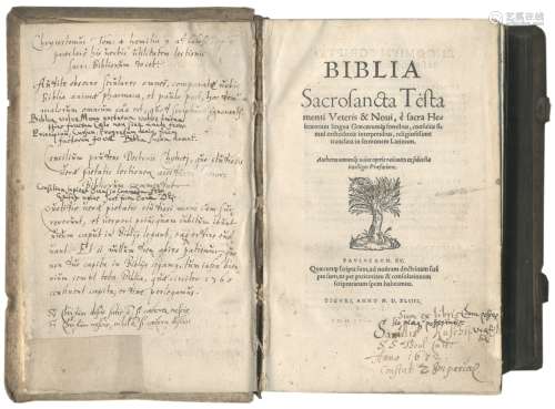 BIBLE AND ILLUMINATED LEAVES Biblia sacrosancta testamenti veteris & novi, 3 parts in 1 vol., [Pa...