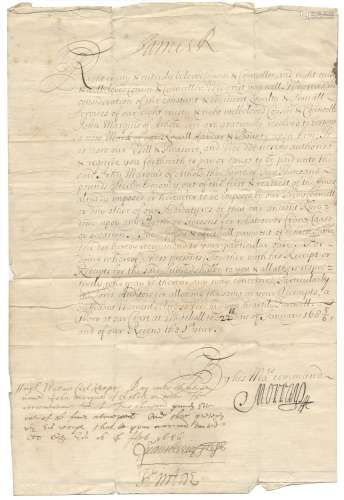JAMES II - SCOTLAND Document signed ('James R') at head, to William, Duke of Queensberry ('our Tr...